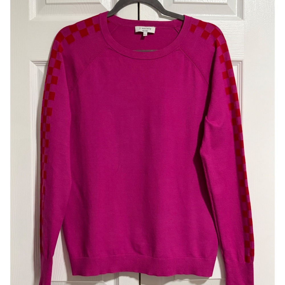 J. Society New York Women Fuchsia Pink Checkered Sleeves Crewneck Sweater Large
